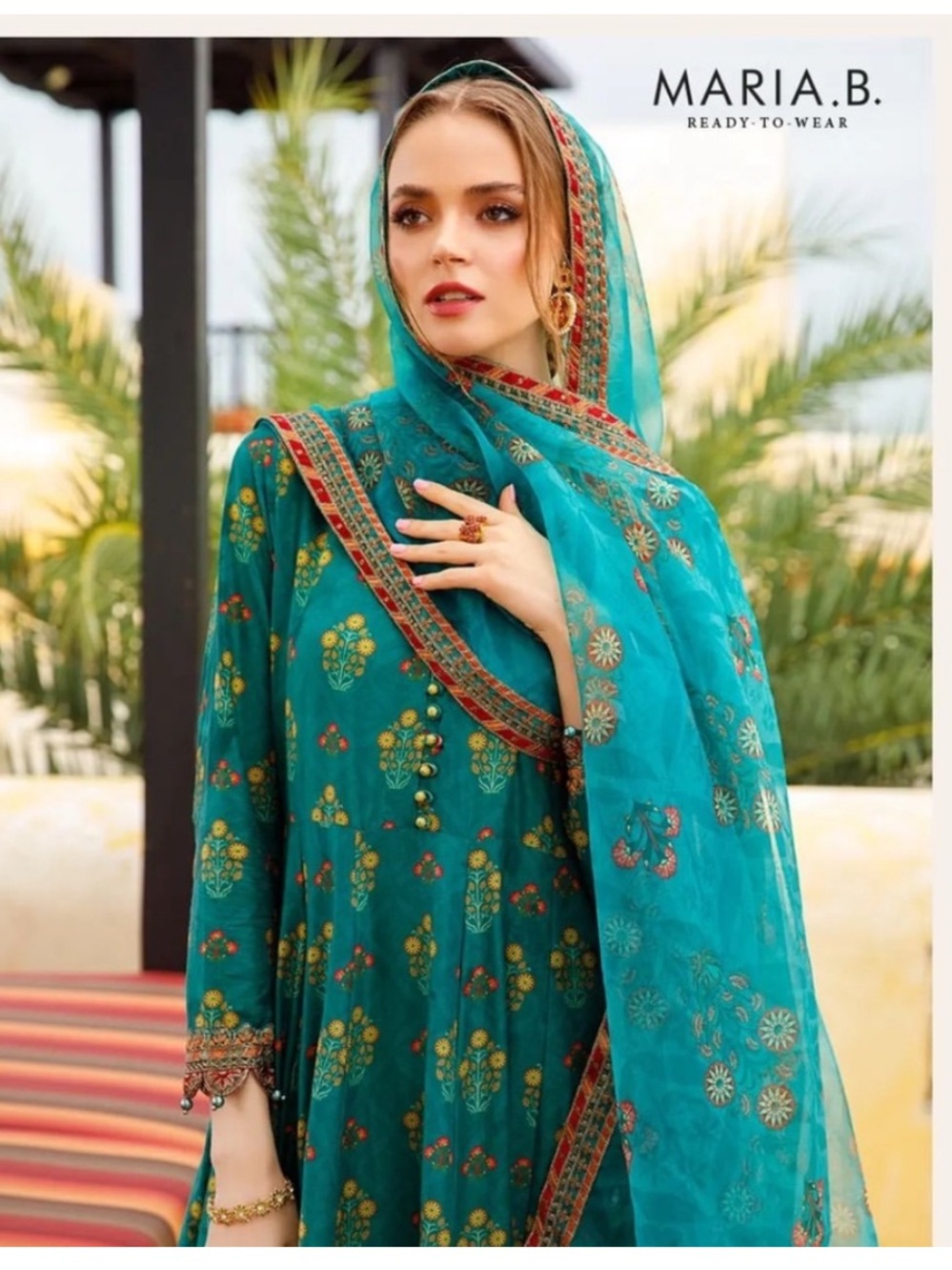 Maria. B. Green Embroidered Anarkali Suit with Matching Dupatta - Picture 2 of 8
